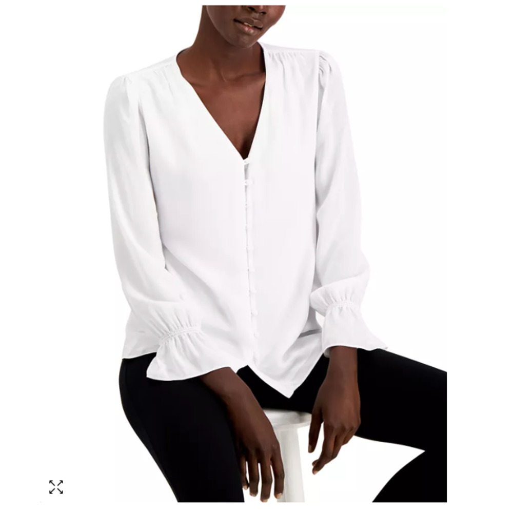 Alfani White V Neck Button Front Long Sleeve Blouse Size PL Petite Large